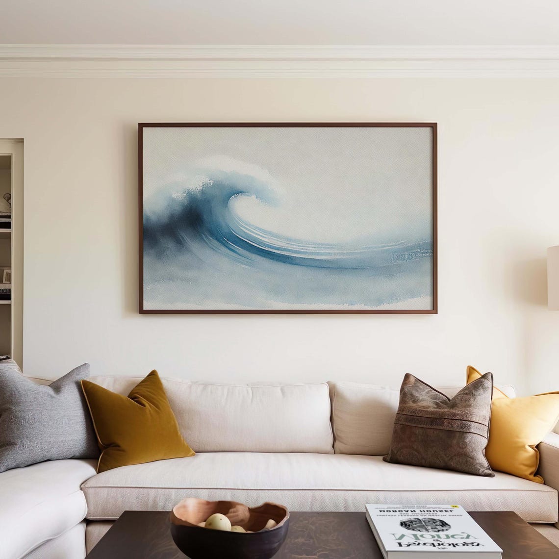 Curving Ocean Wave Watercolor Soft Blue Coastal Wall Art for Home