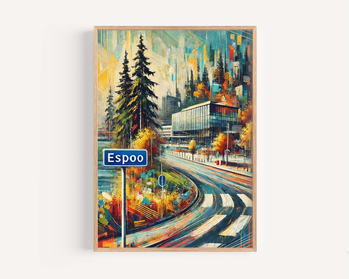 Espoo Finland Colorful Street Scene Painting Travel Art Poster