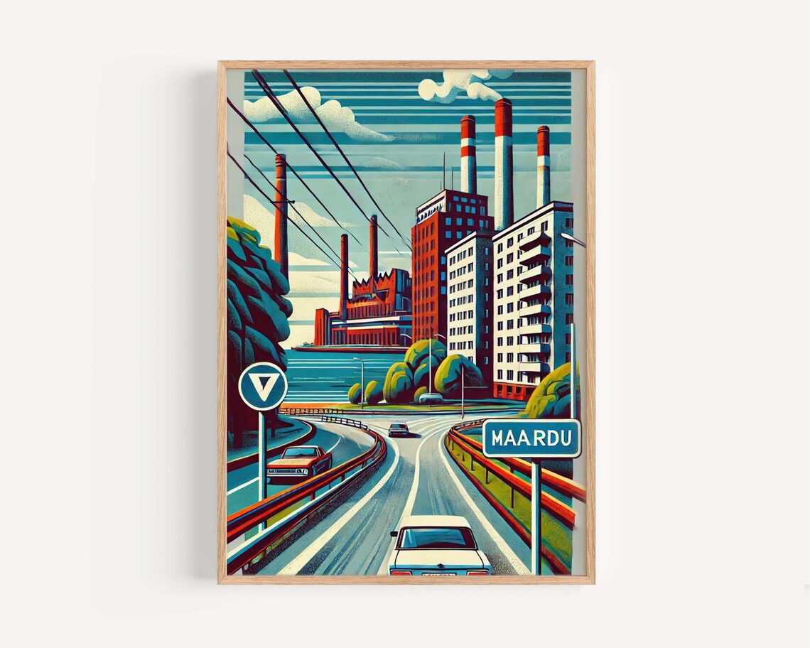 Maardu Estonia Industrial Highway Retro Travel Illustration Poster