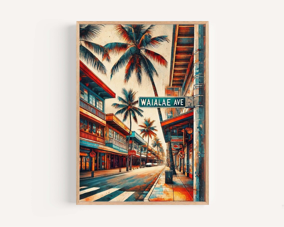 Waialae Avenue Honolulu Hawaii Tropical Street Vintage Travel Poster