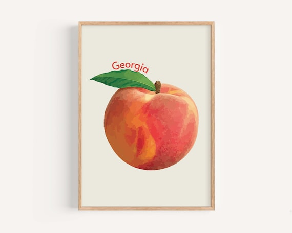 Georgia Peach Fruit Watercolor Poster for Kitchen and Dorm Decor