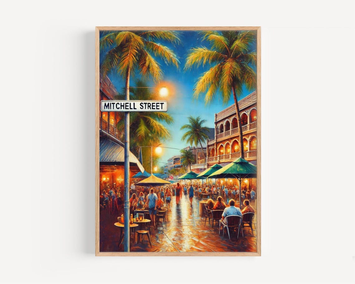 Darwin Mitchell Street Night Palms Cafe Evening Oil Painting Poster