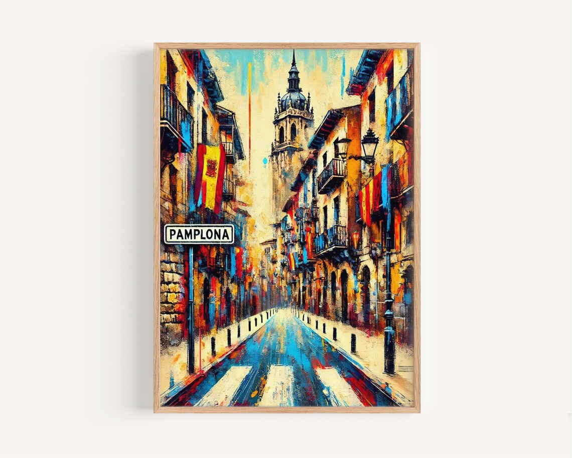 Pamplona Spain Colorful Street Art Cathedral Spire Cubist Poster