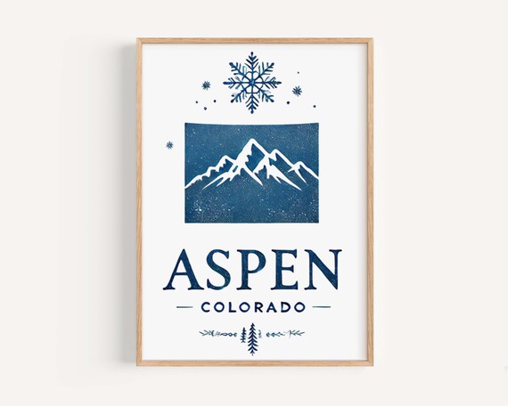 Aspen Colorado Snowflake Mountain Peak Navy Ski Travel Poster
