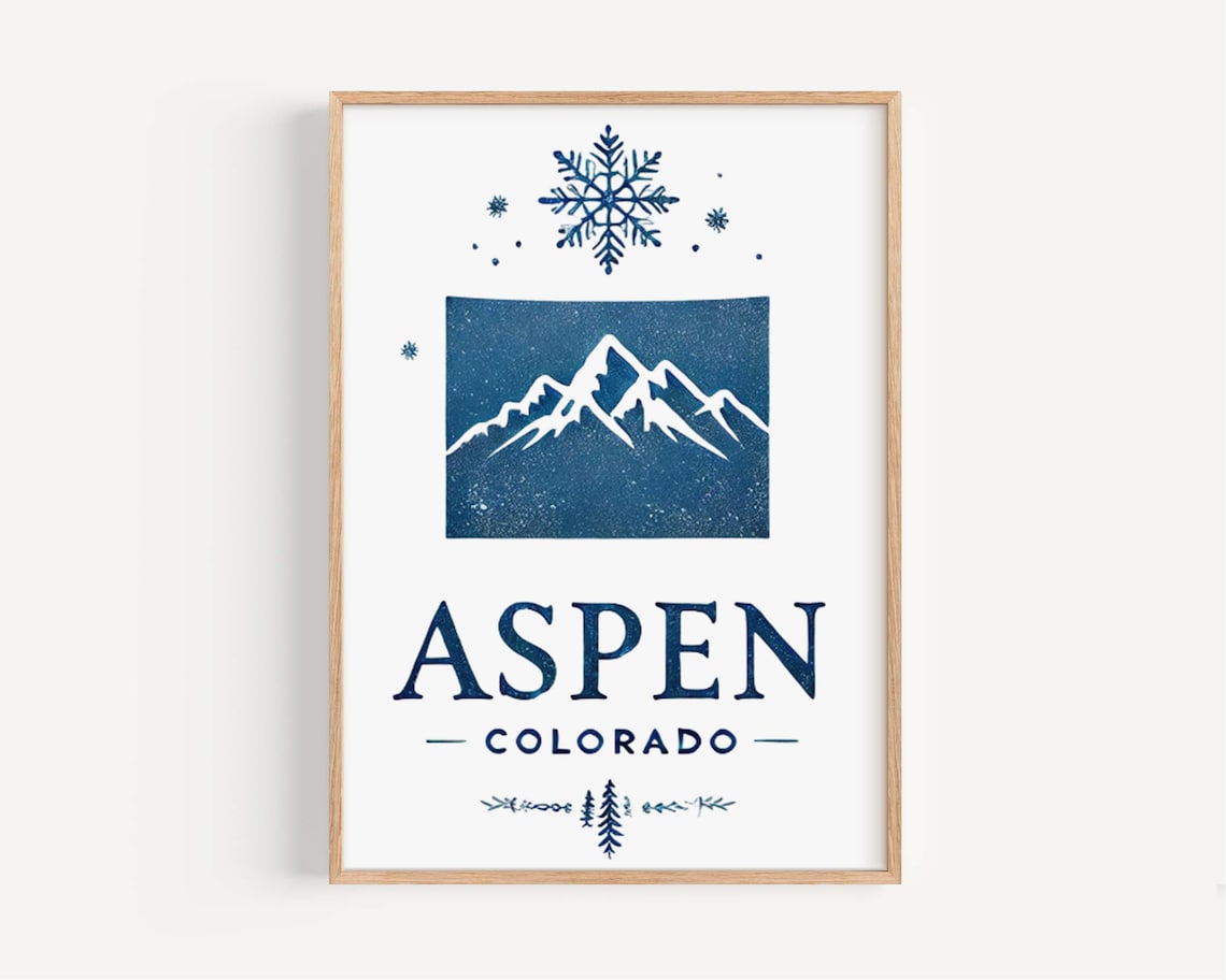 Aspen Colorado Snowflake Mountain Peak Navy Ski Travel Poster