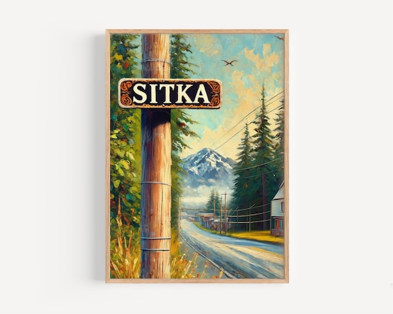 Sitka Alaska Vintage Travel Sign Postcard Style Mountain Art Poster