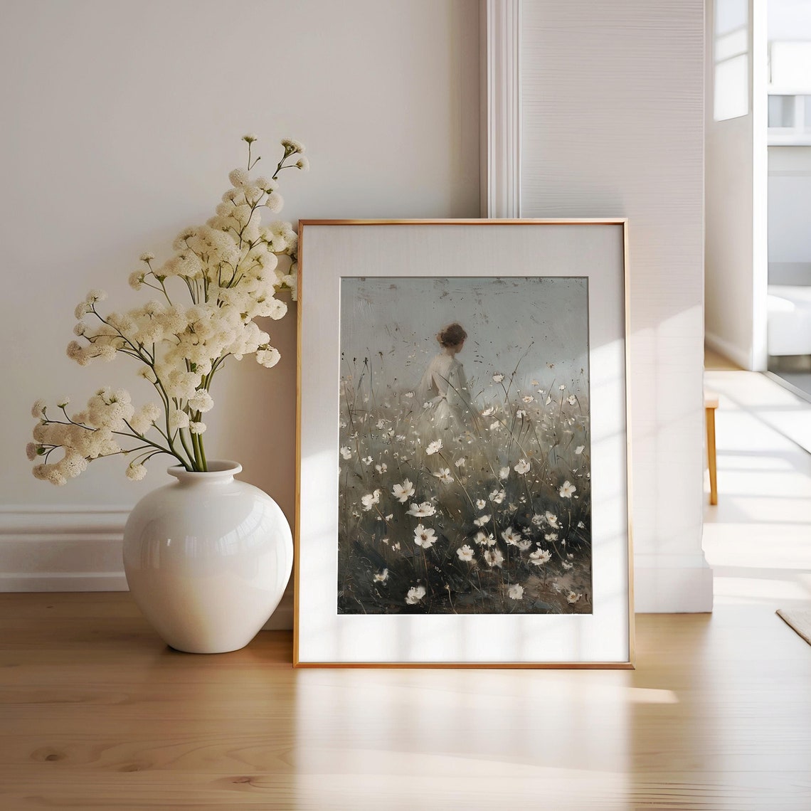 Woman Walking White Wildflower Field Dreamy Figurative Poster