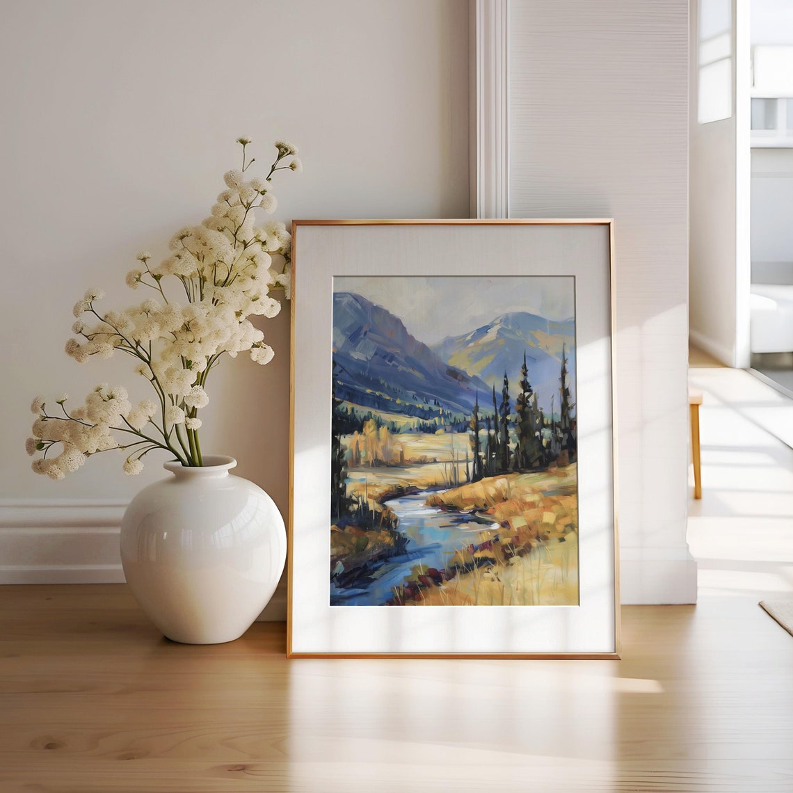 Blue Creek Golden Meadow Mountain Peaks Vibrant Valley Poster