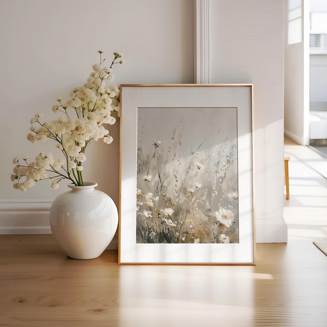 Abstract White Wildflower Meadow Wispy Neutral Floral Painting Poster