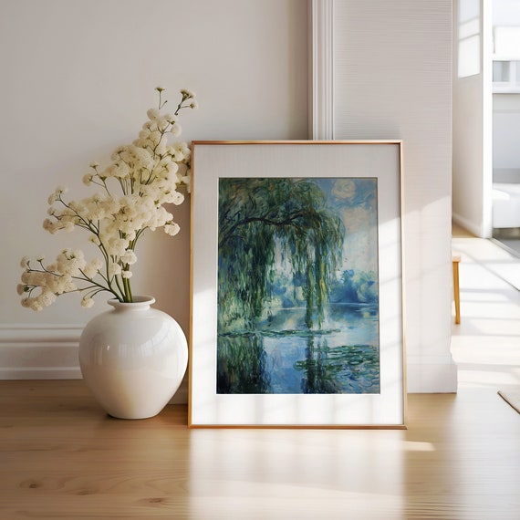 Vintage Impressionist Willow Pond Painting Monet Style Lake Landscape Art Water Art Country Decor Art