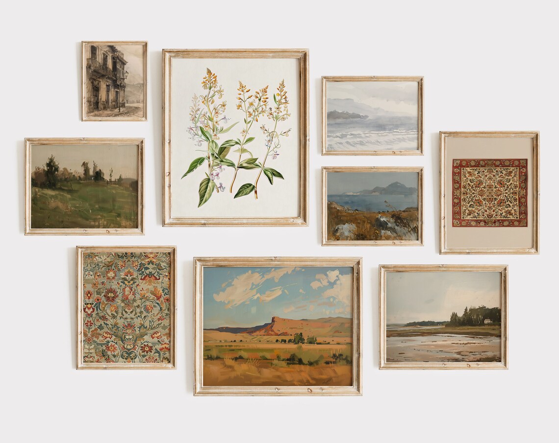 Gallery Wall Set Of Nine Vintage Artworks Eclectic Curated Wall Art