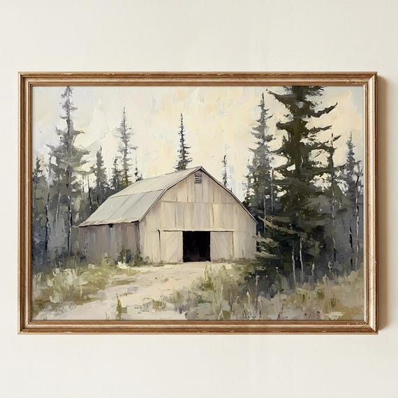 Vintage Landscape Wall Art Horizontal Rustic Nature Artwork Country Home Decor Pastel Barn Trees Scene Print