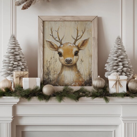 Rustic Baby Reindeer Painting Christmas Reindeer Print Cute Reindeer Antique Nursery Decor Farmhouse Holiday Print