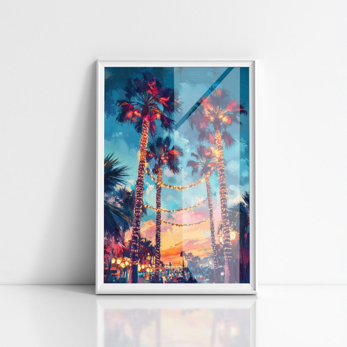 Palm Trees at Sunset With String Lights Painterly Coastal Art Print - Image 2