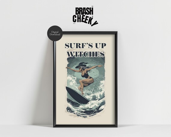 Surf's Up Witches Funny Witch Surfing Vintage Beach Wave Wall Art