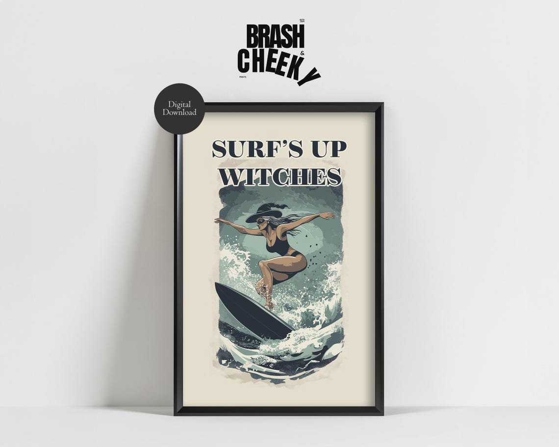 Surf's Up Witches Funny Witch Surfing Vintage Beach Wave Wall Art
