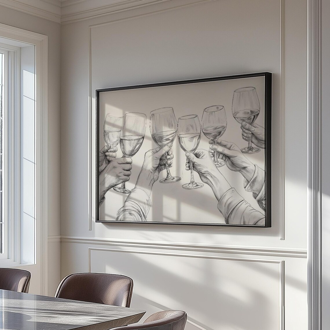 Wine Glasses Cheers Toast Hands Black and White Sketch Art Print