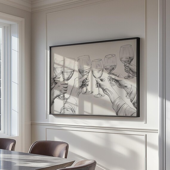 Wine Glasses Cheers Toast Hands Black and White Sketch Art Print