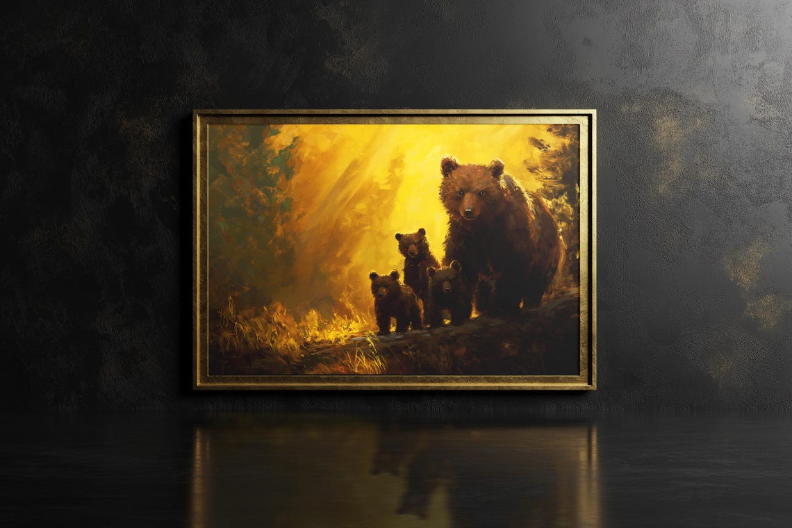 Brown Bear with Three Cubs Golden Forest Wildlife Painting Wall Art - Image 2
