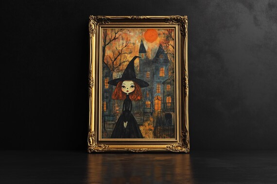 Little Witch Girl Haunted Castle Orange Moon Spooky Gothic Wall Art