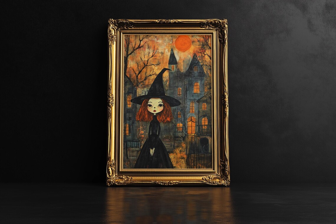 Abstract Halloween Folk Art Folk Art Witch Print Halloween Town Witch Art Cute Halloween Wall Decor