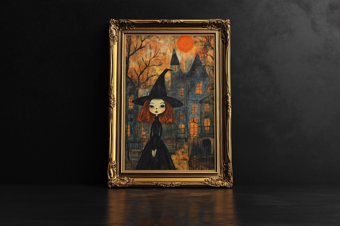 Little Witch Girl Haunted Castle Orange Moon Spooky Gothic Wall Art