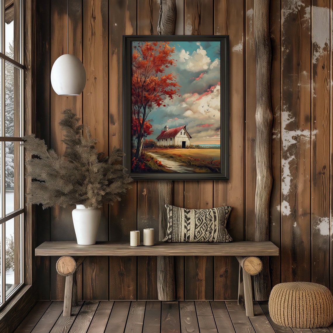 White Barn With Red Roof Fall Farm Autumn Landscape Art Print - Image 2