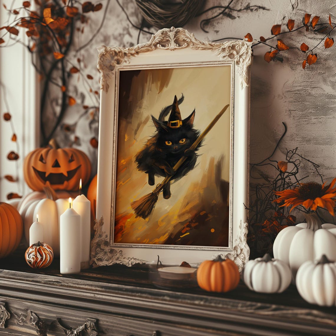 Black Cat Witch Hat Flying Broomstick Halloween Kitty Art Poster - Image 2