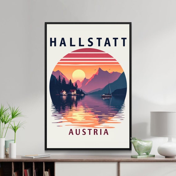 Hallstatt Austria Framed Poster Vintage Travel Art Scenic Sunset Lake Print Home Decor Wanderlust Gift Retro Wall Art
