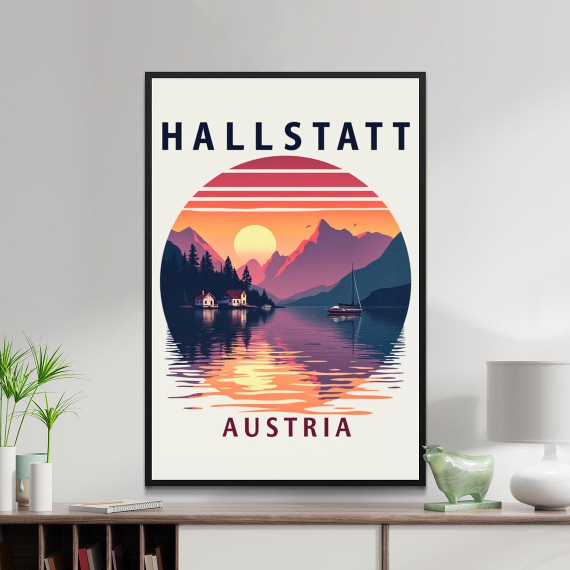 Hallstatt Austria Sunset Lake Sailboat Mountain View Travel Poster