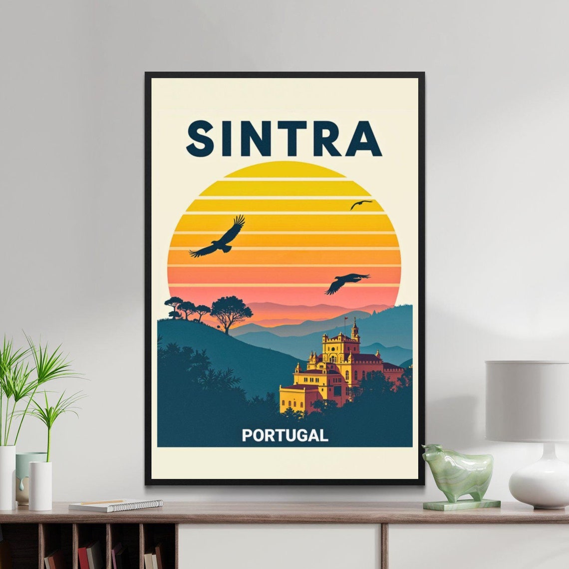 Sintra Portugal Sunset Mountains Palace Birds Retro Travel Poster