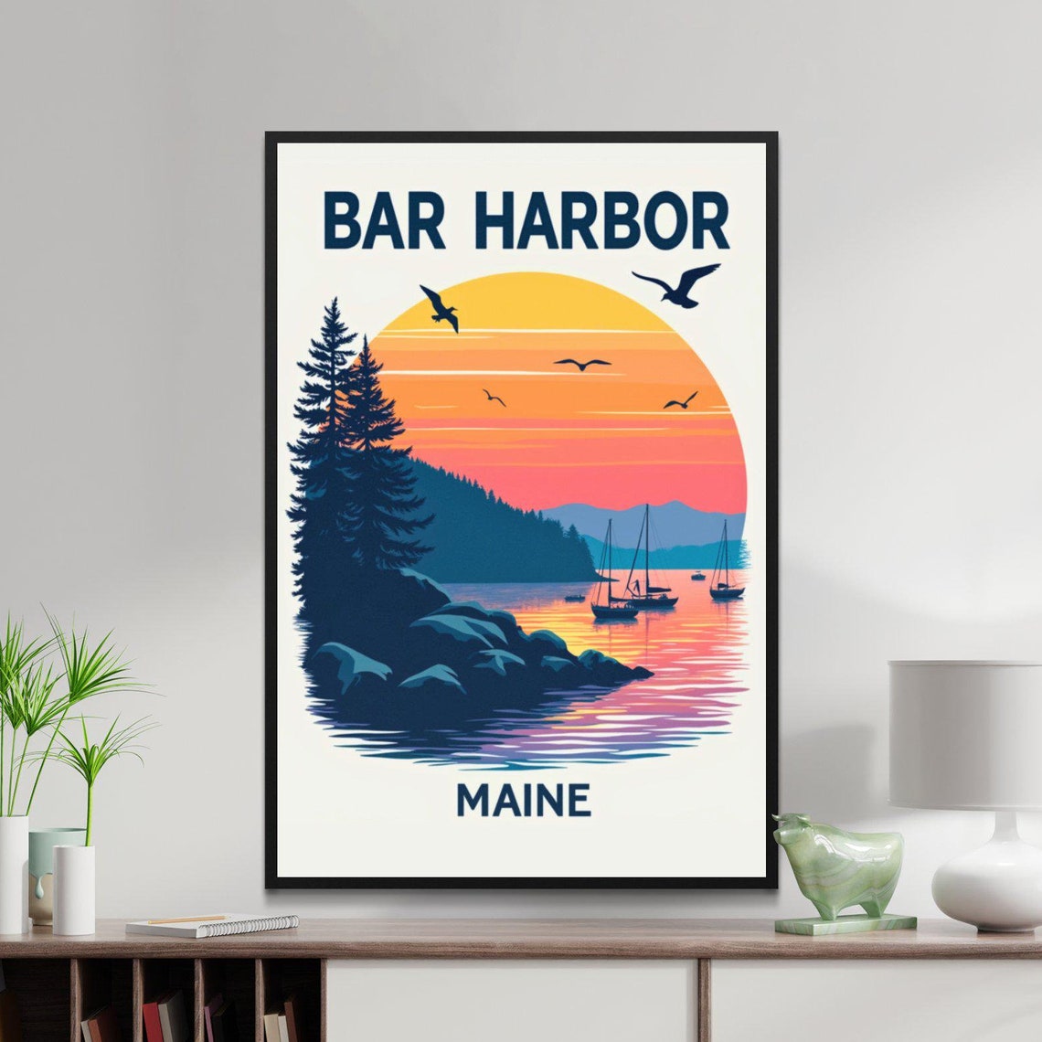 Bar Harbor Maine Coastal Sunset Sailboats Pines Travel Poster