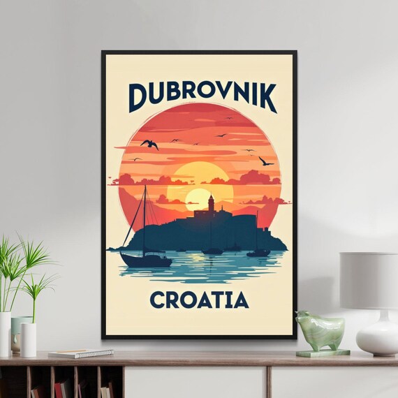 Dubrovnik Croatia Sunset Old Town Sailboats Sea View Travel Poster