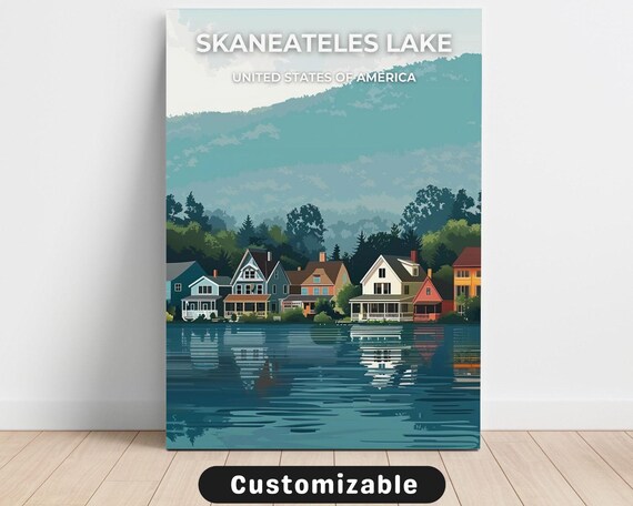 Skaneateles Lake USA Lakeside Houses Vintage Travel Style Poster
