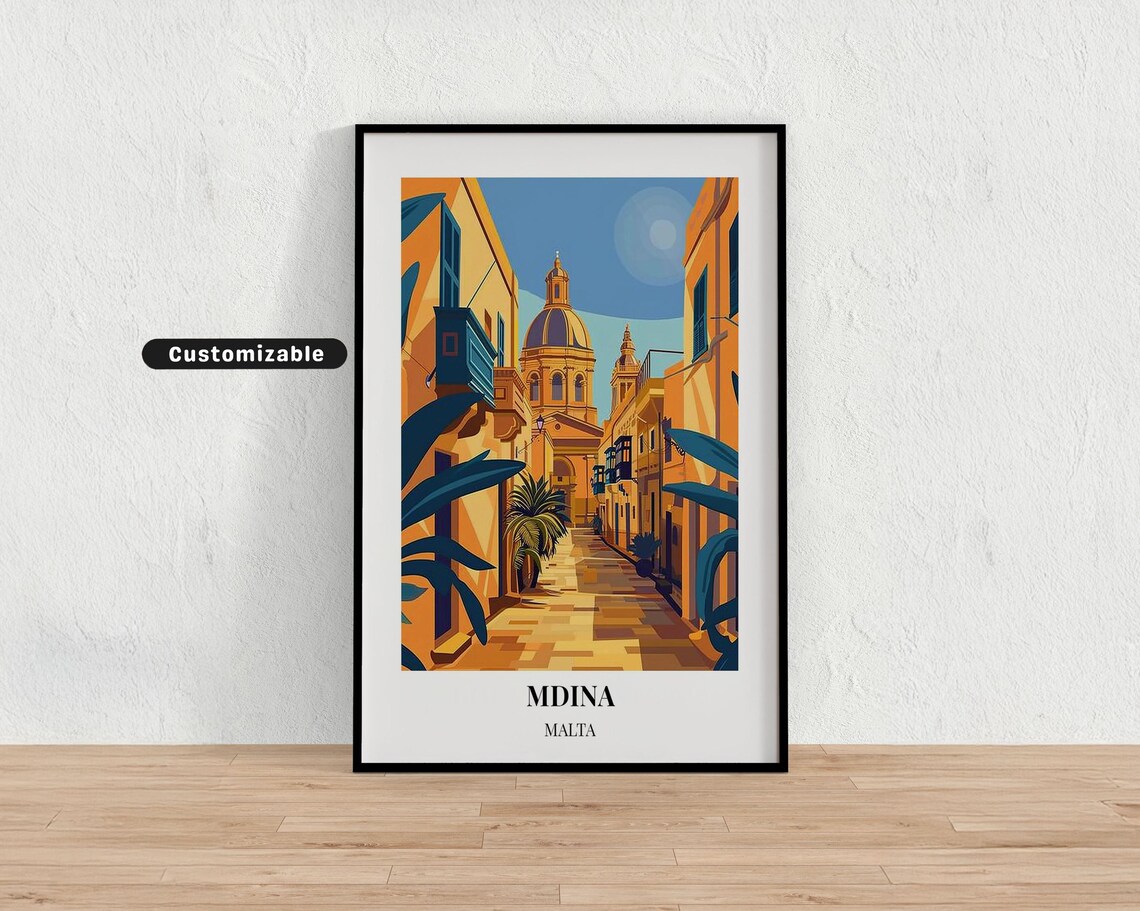 Mdina Malta Old Town Street Travel Poster Customizable Golden Hour Art