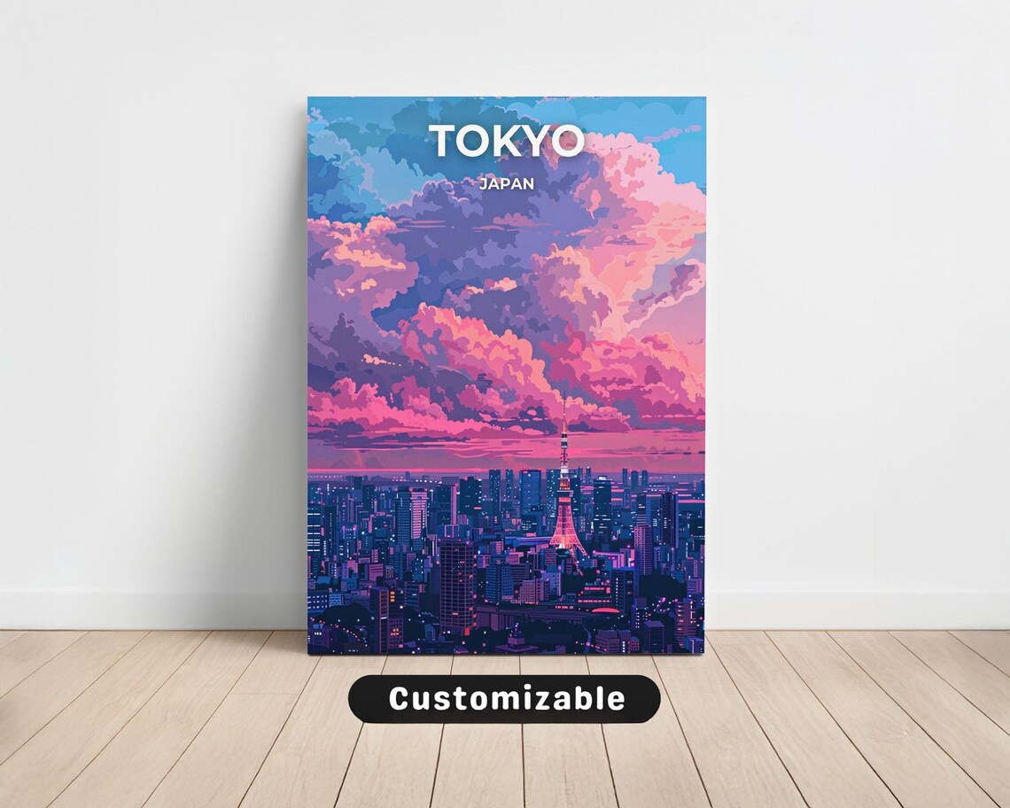 Tokyo Japan Pink Sunset Skyline Anime Style Dreamy Travel Poster