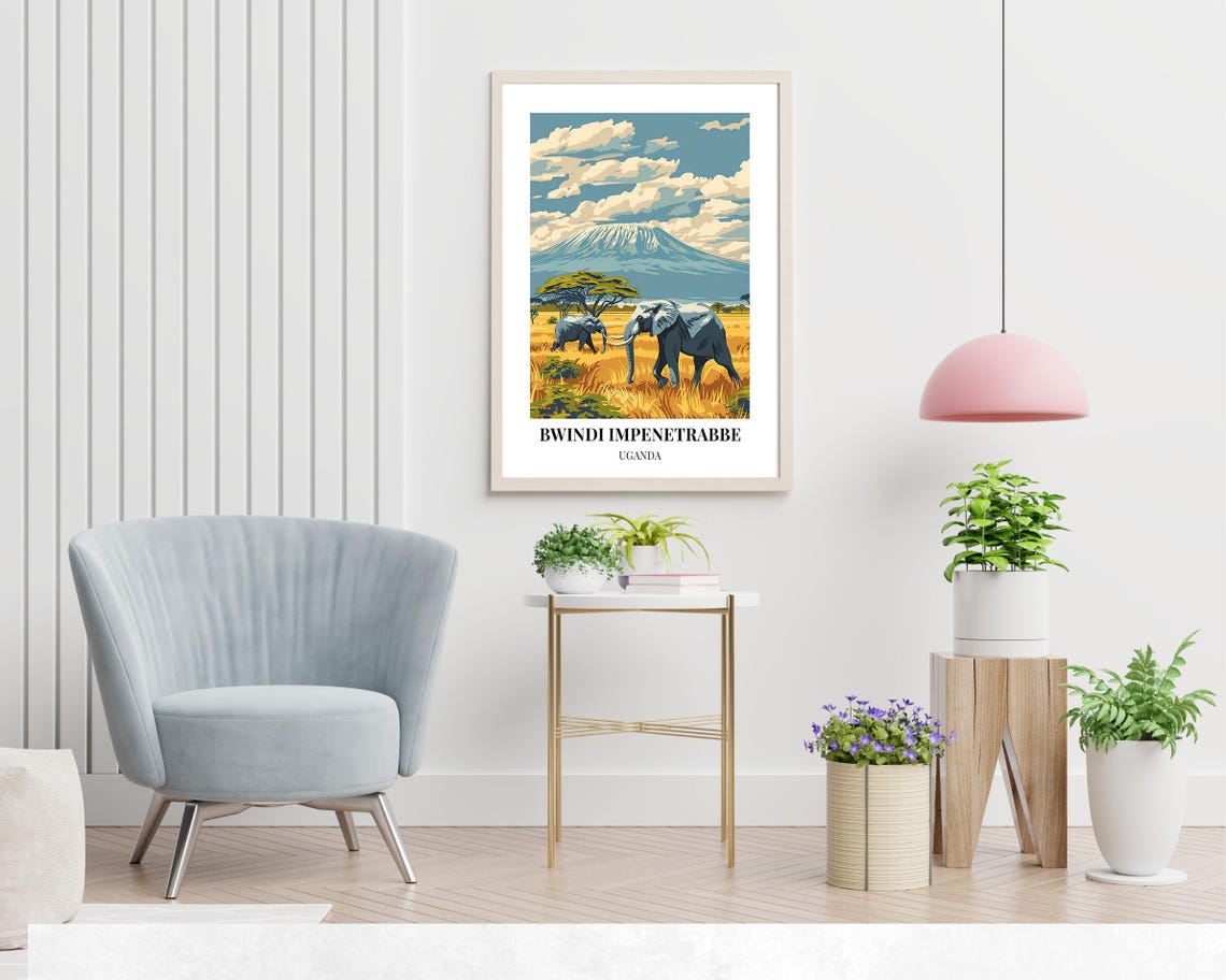 Bwindi Impenetrable Uganda Elephants Snowy Peak Safari Poster - Image 2