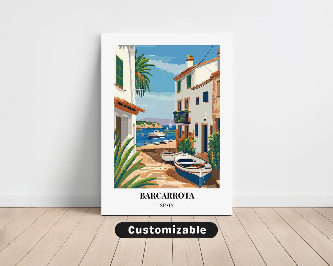 Barcarrota Spain Coastal Harbor Town Boats Vintage Travel Poster