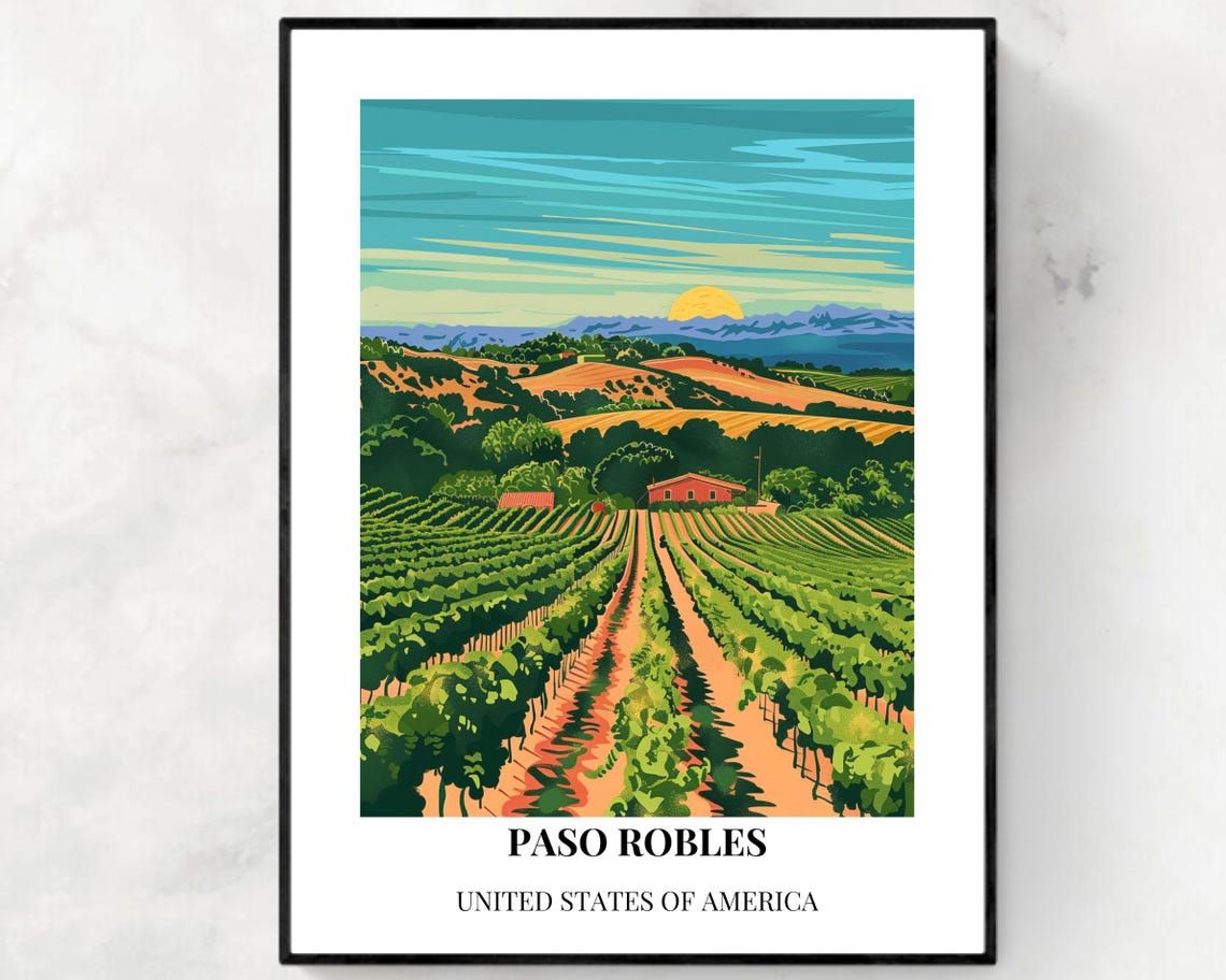 Paso Robles Vineyard Sunset Golden Rolling Hills Travel Art Poster