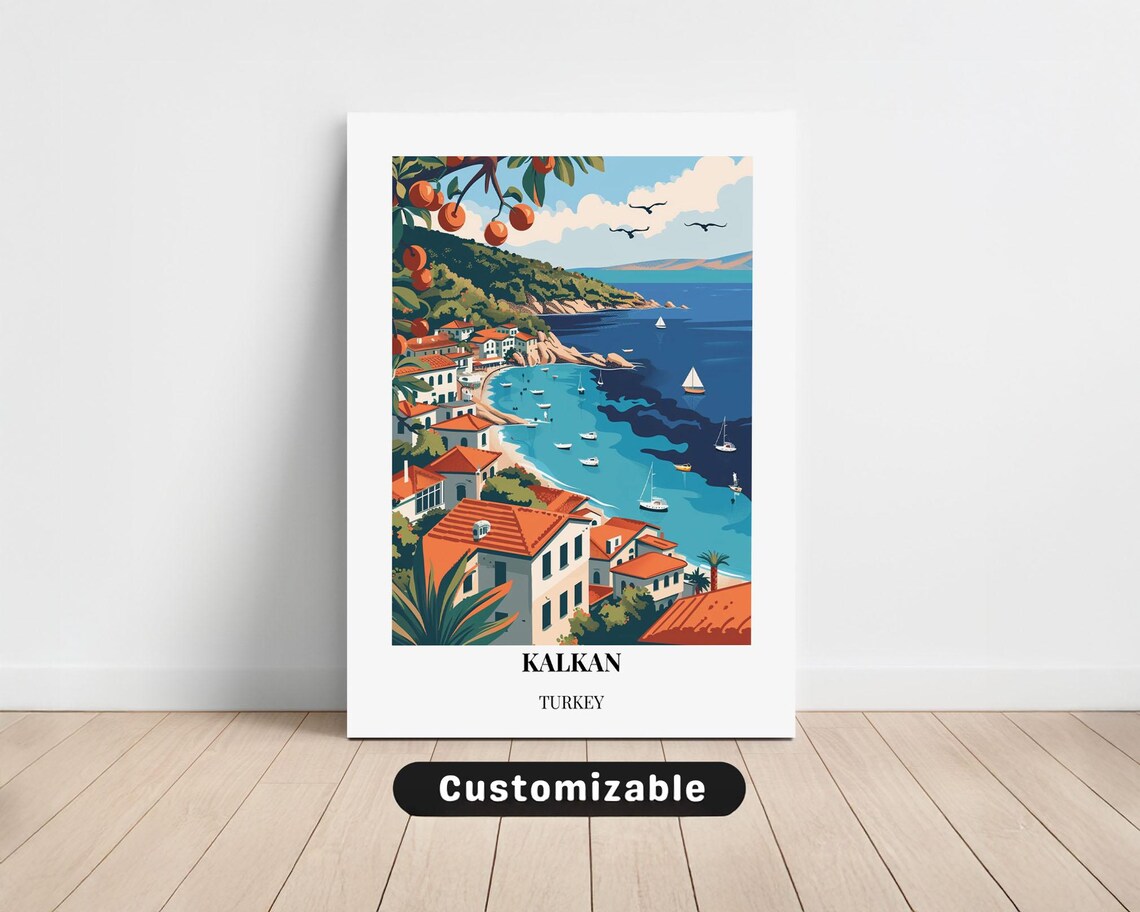 Kalkan Turkey Turquoise Coastal Bay Boats Vintage Style Travel Poster