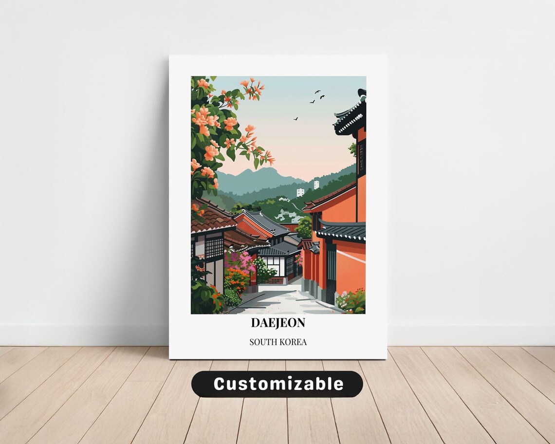 Daejeon South Korea Hanok Street Blossom Vintage Travel Poster Art