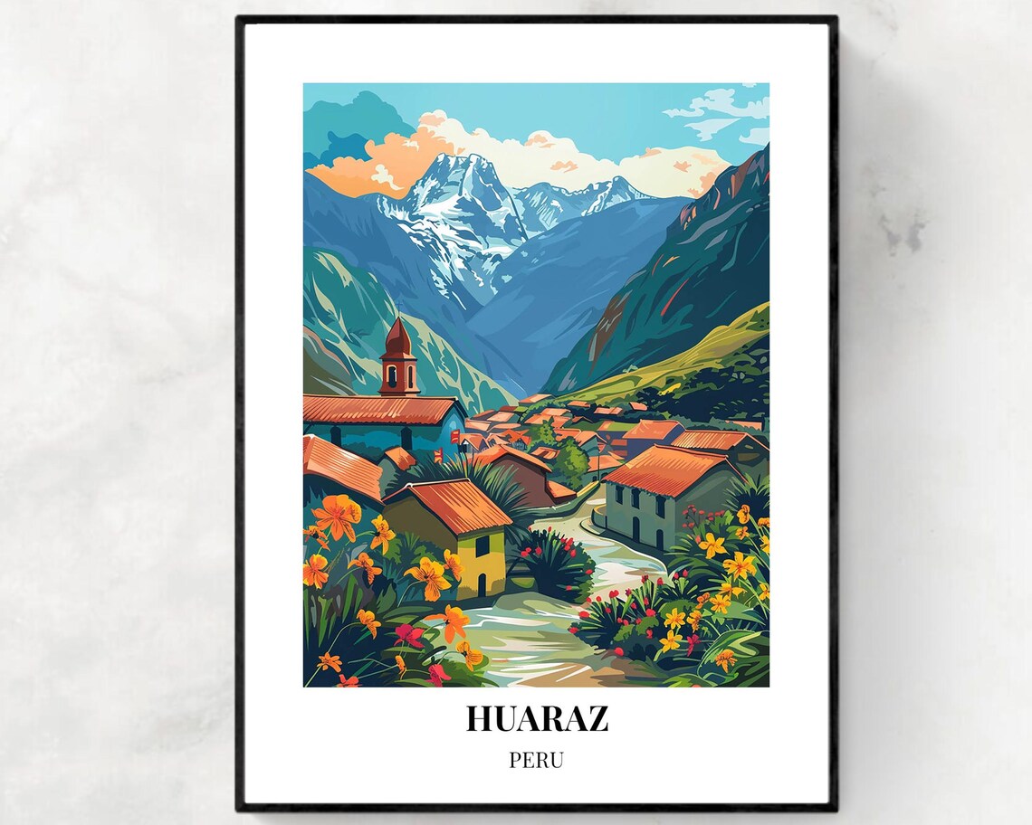 Huaraz Peru Andes Mountain Village Wildflowers Vintage Travel Poster