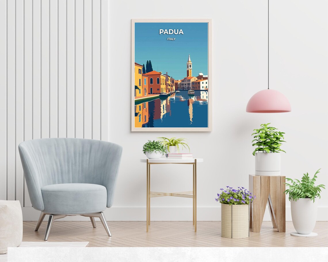 Padua Italy Sunny Canal Moored Boats Bell Tower Travel Poster - Image 2