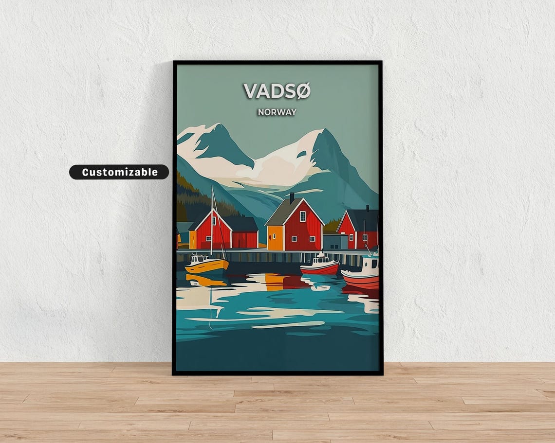 Vadsø Norway Fishing Harbor Customizable Poster Boats Mountain