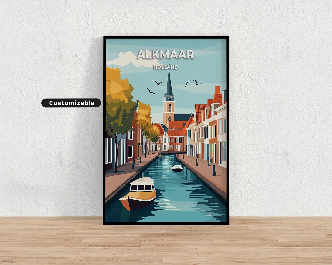 Alkmaar Holland Canal Boat Street View Autumn Trees Travel Poster
