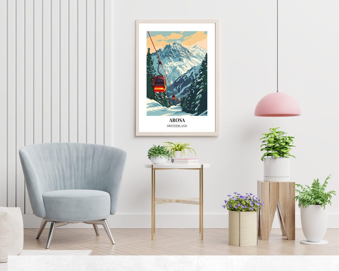 Arosa Switzerland Red Gondolas Gliding Through Snowy Mountain Poster - Image 2