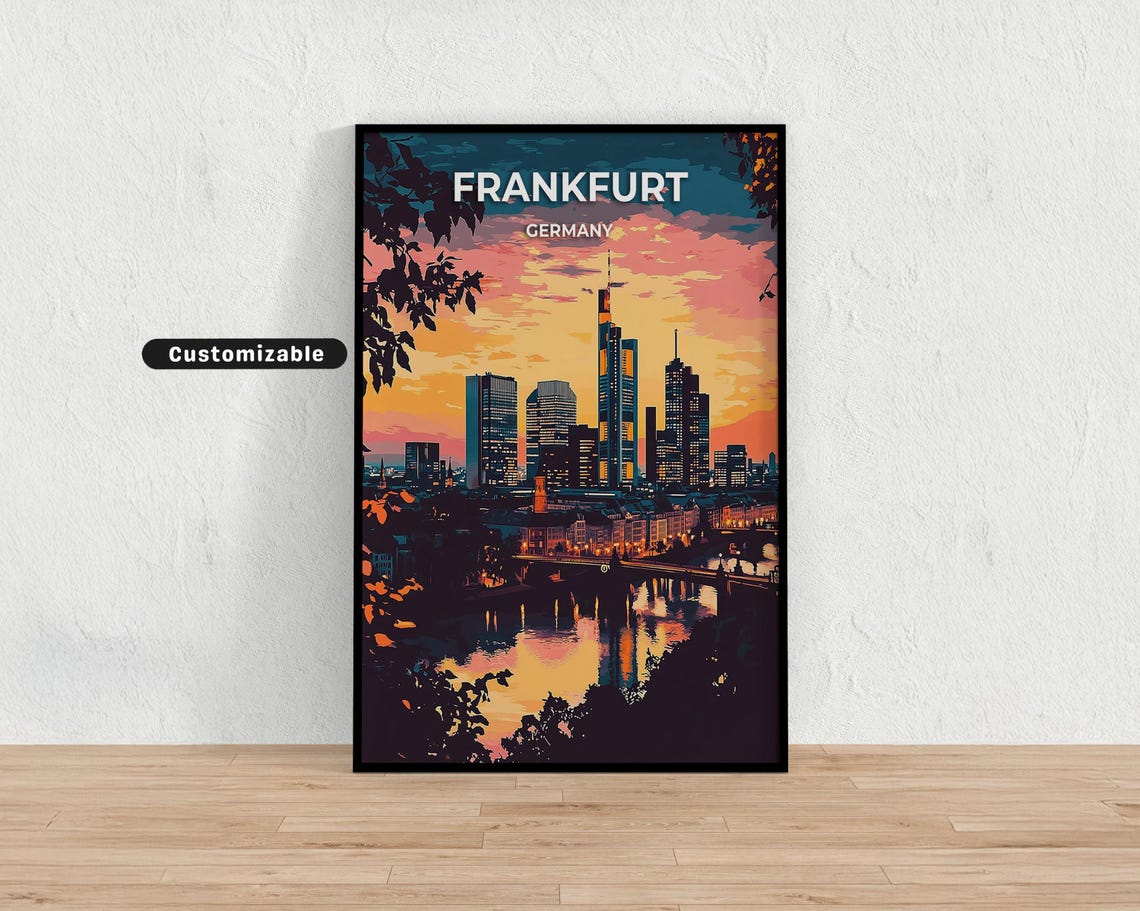 Frankfurt Germany Skyline Sunset Over The River Main Travel Poster