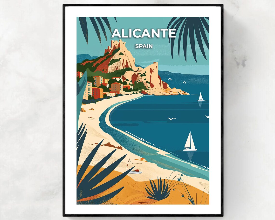 Alicante Spain Hilltop Castle Overlooking Curved Beach And Sailboats Poster