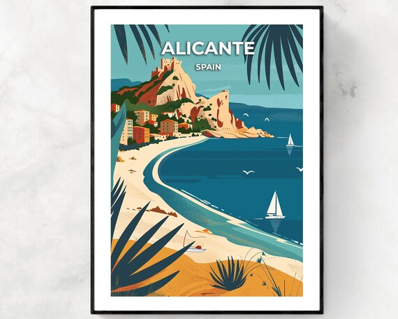 Alicante Spain Hilltop Castle Overlooking Curved Beach And Sailboats Poster