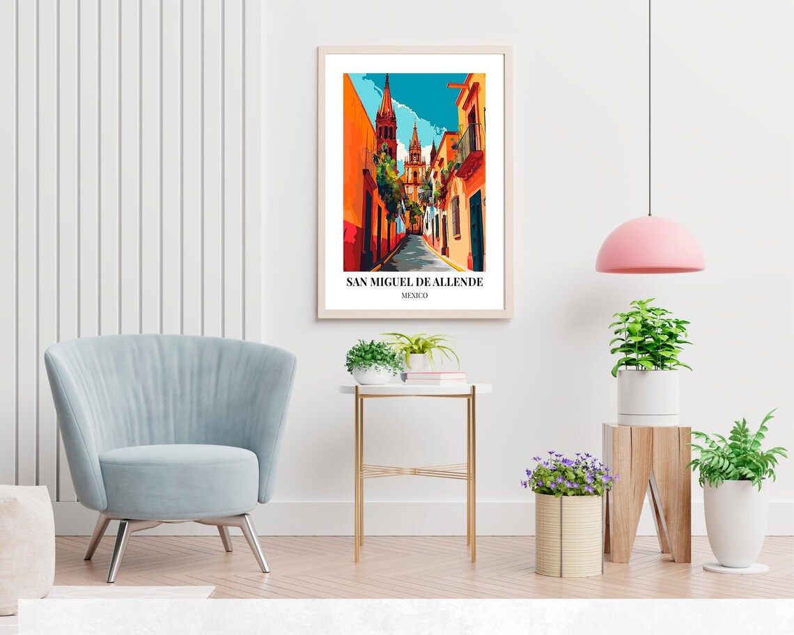 San Miguel de Allende Mexico Pink Church Spire Street Travel Poster - Image 2